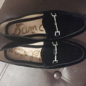 sam elderman blavk fuzzy loafers with gold detail